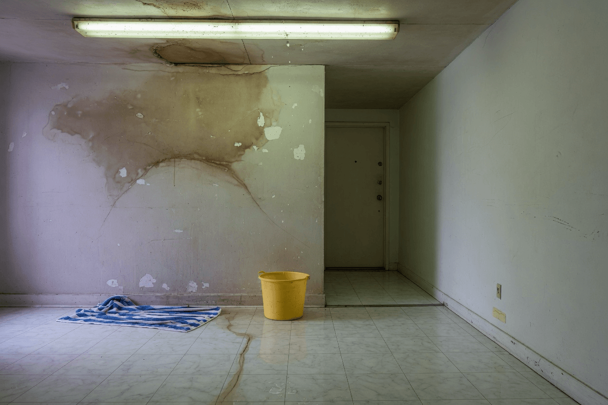 Apartment hallway with a water-stained wall, bucket, and wet floor